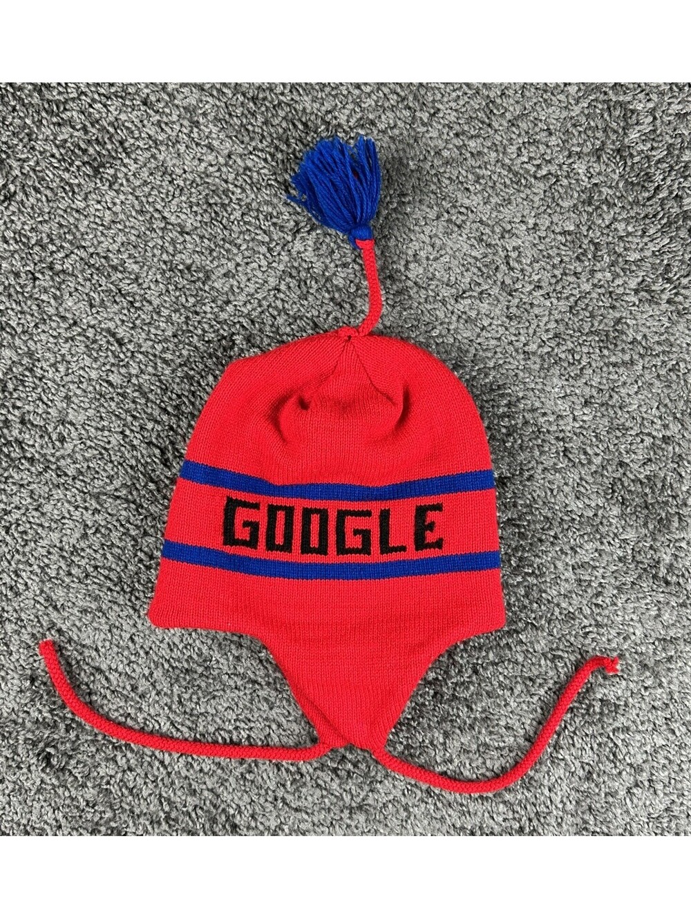 Vintage Google Employee Swag Knit Earflap Beanie Hat Red Blue Tech Merch OS